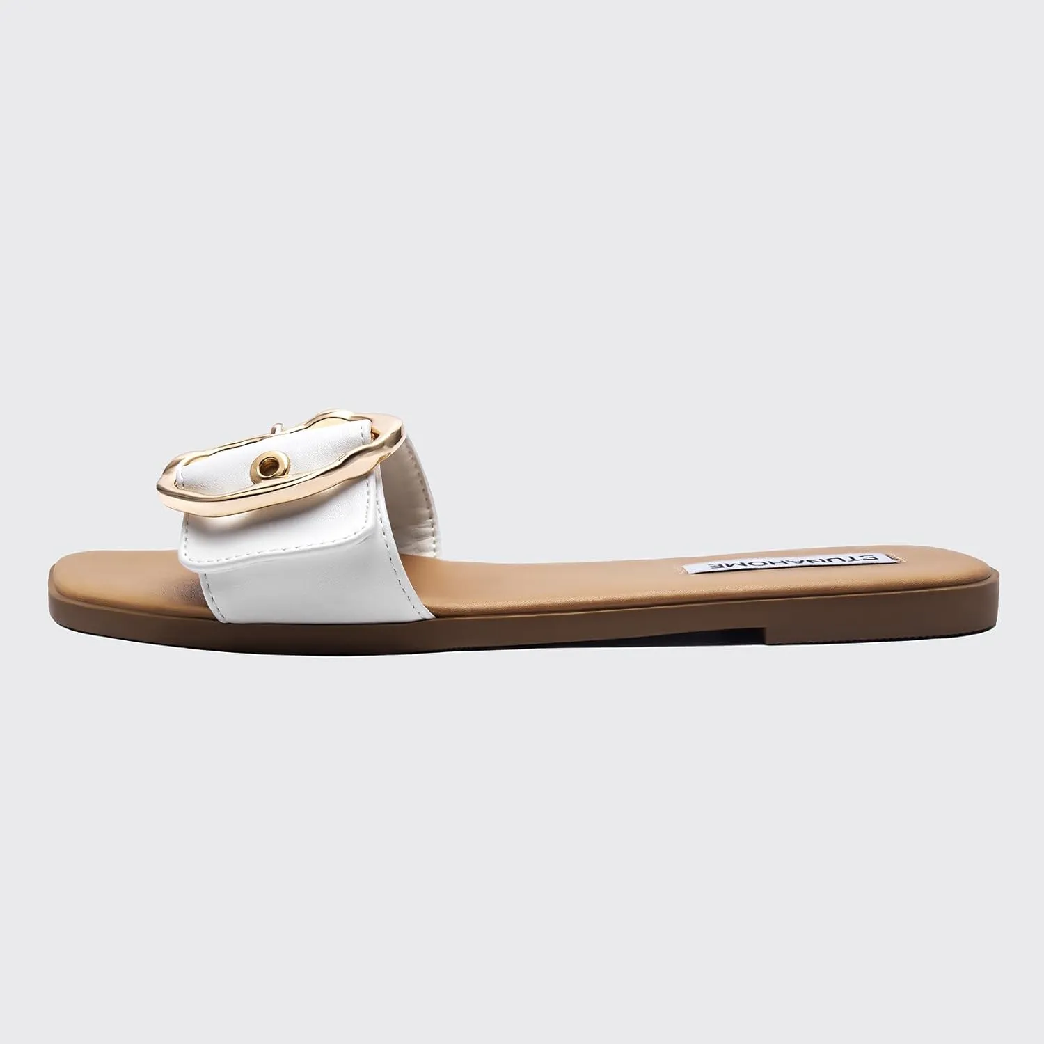 STUNAHOME Flat Sandals Women Fashion Slides With Soft Leather Paired with Metal buckle Slippers