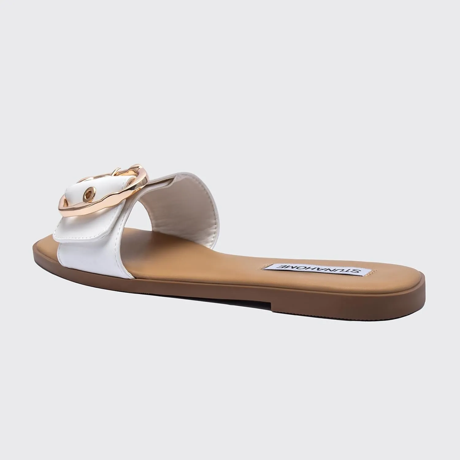 STUNAHOME Flat Sandals Women Fashion Slides With Soft Leather Paired with Metal buckle Slippers