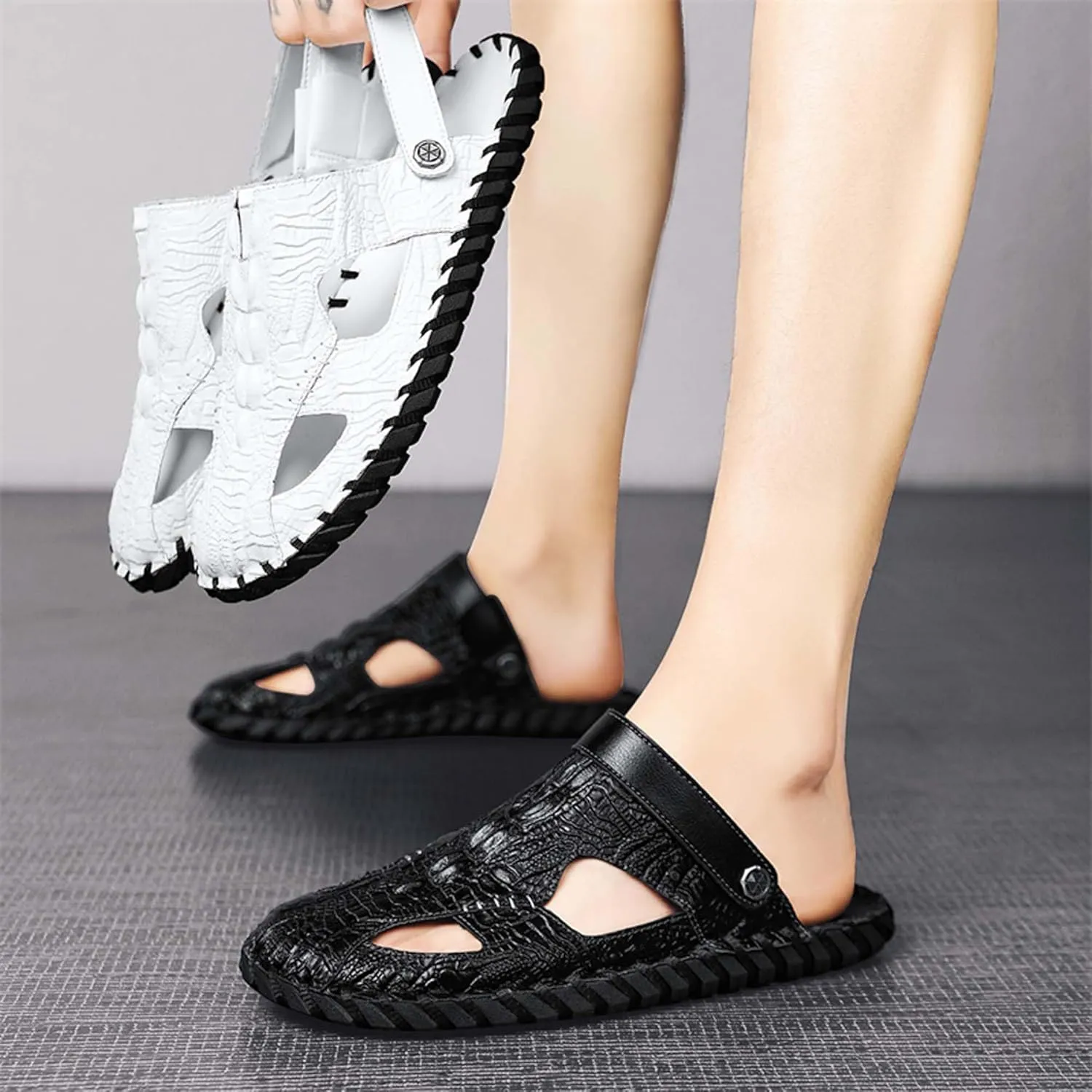 Summer men's casual breathable comfortable lightweight soft handcrafted crocodile pattern fashion sandals slippers two-layer cowhide