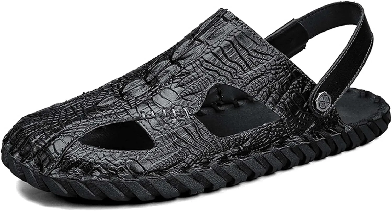 Summer men's casual breathable comfortable lightweight soft handcrafted crocodile pattern fashion sandals slippers two-layer cowhide