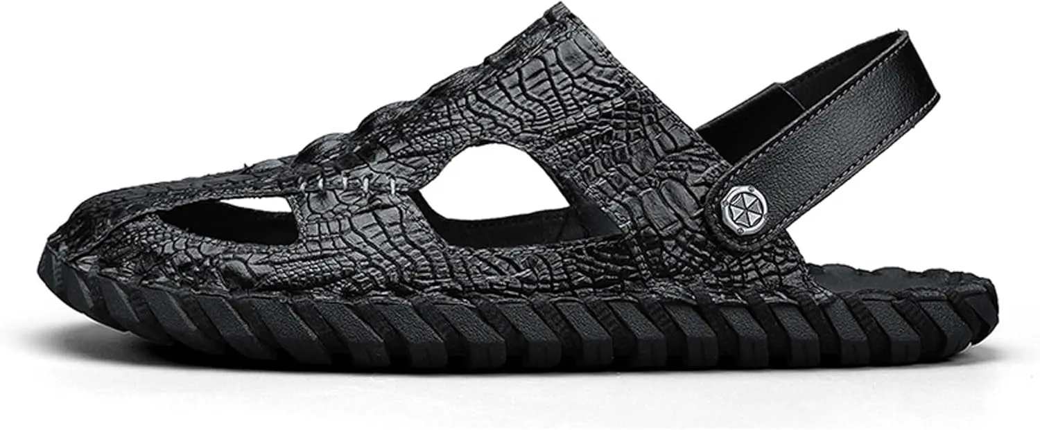 Summer men's casual breathable comfortable lightweight soft handcrafted crocodile pattern fashion sandals slippers two-layer cowhide