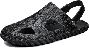 Summer men's casual breathable comfortable lightweight soft handcrafted crocodile pattern fashion sandals slippers two-layer cowhide