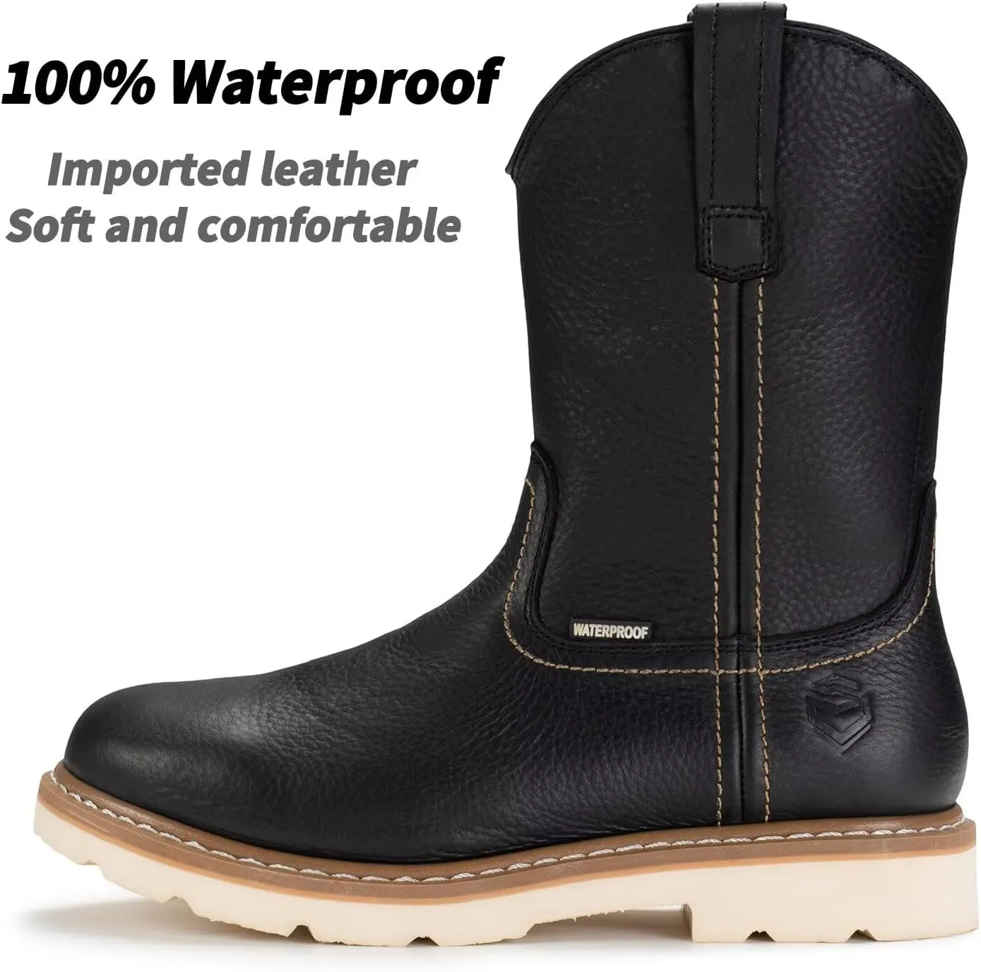 SUREWAY 10in Mens Soft/Steel Toe Waterproof Wellington Work Boot,Heavy Duty Pull On Leather Work Boots,Goodyear Welted,Full Grain Leather,Industrial Safety boot Classic Cowboy Boot,EH Rated