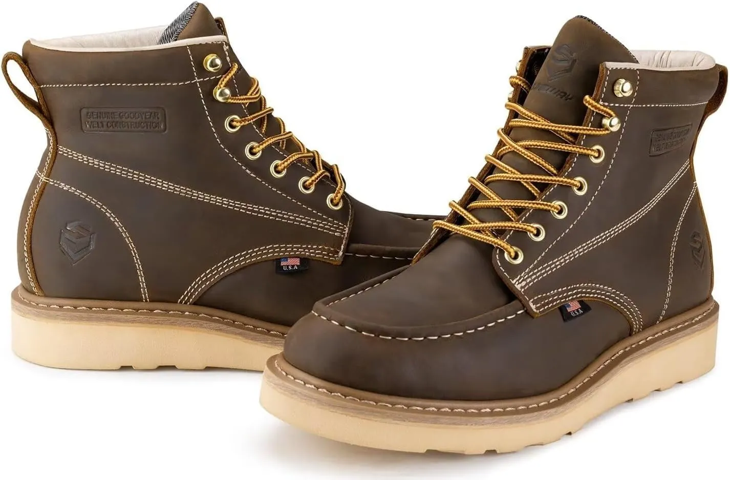 SUREWAY 6 in Mens Soft Toe Work Boots for Men-Full Grain Leather,Goodyear,Non-Slip EH Safety Industial Construction Wedge Moc Toe Work Boots/Shoes