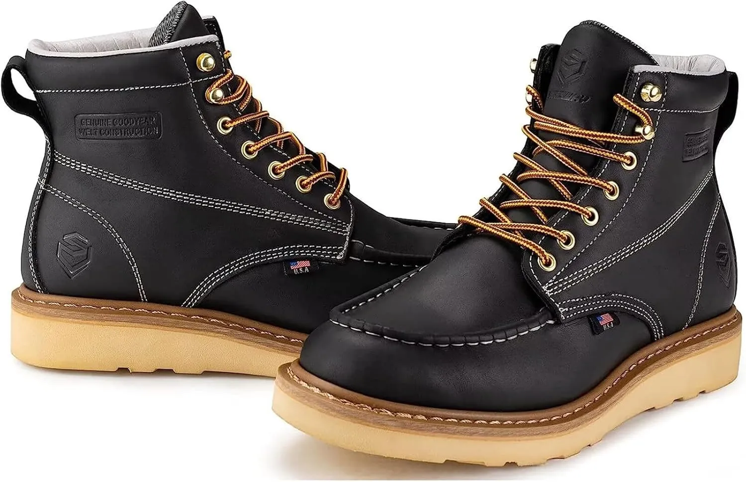 SUREWAY 6 in Mens Soft Toe Work Boots for Men-Full Grain Leather,Goodyear,Non-Slip EH Safety Industial Construction Wedge Moc Toe Work Boots/Shoes