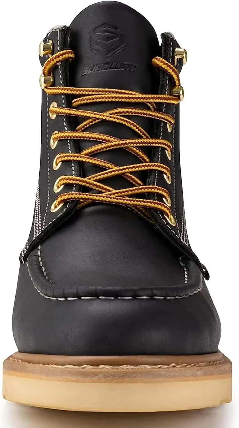 SUREWAY 6 in Mens Soft Toe Work Boots for Men-Full Grain Leather,Goodyear,Non-Slip EH Safety Industial Construction Wedge Moc Toe Work Boots/Shoes