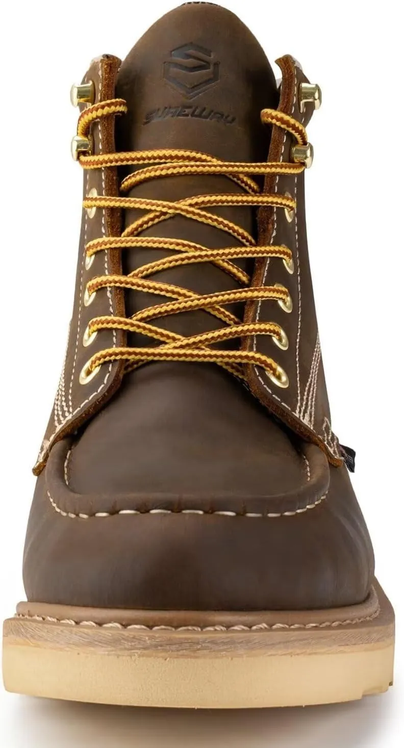 SUREWAY 6 in Mens Soft Toe Work Boots for Men-Full Grain Leather,Goodyear,Non-Slip EH Safety Industial Construction Wedge Moc Toe Work Boots/Shoes