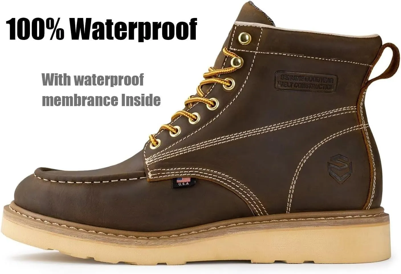 SUREWAY 6 in Mens Soft Toe Work Boots for Men-Full Grain Leather,Goodyear,Non-Slip EH Safety Industial Construction Wedge Moc Toe Work Boots/Shoes