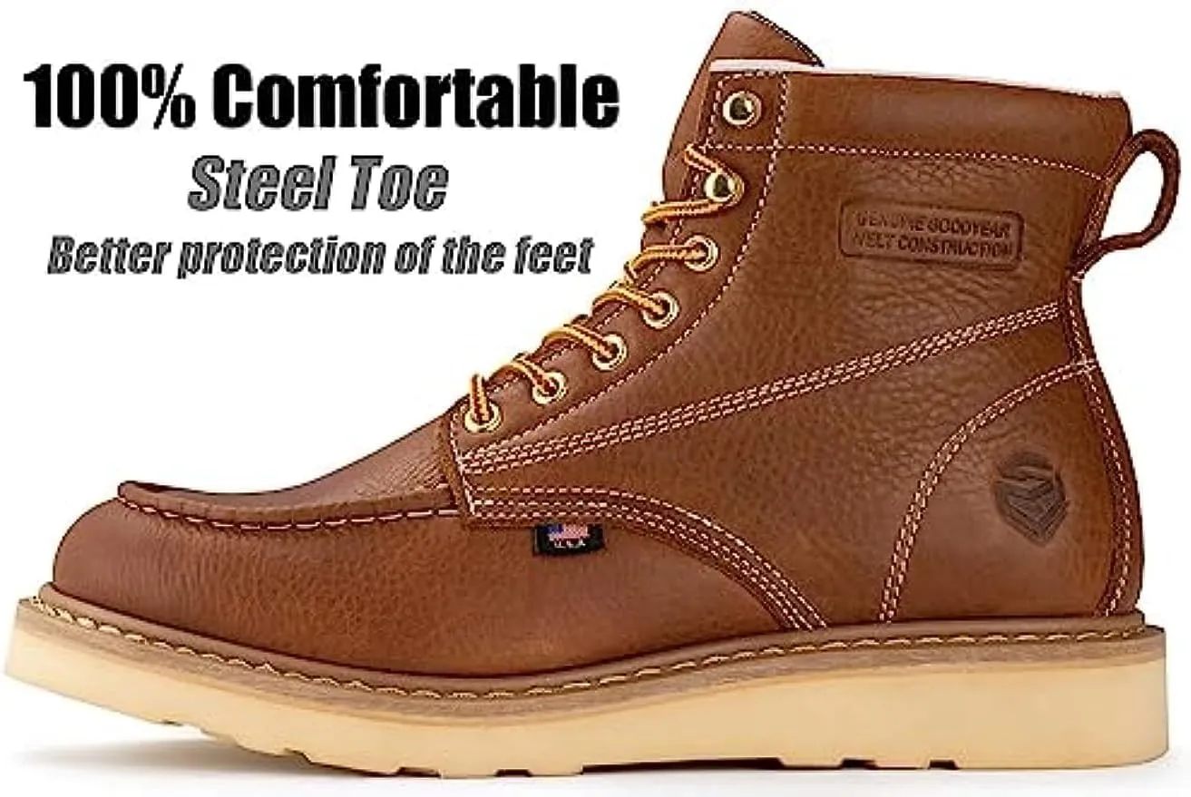 SUREWAY 6 in Mens Steel Toe Work Boots for Men-Full Grain Leather,Goodyear,Non-Slip EH Safety Industial Construction Wedge Moc Toe Work Boots/Shoes