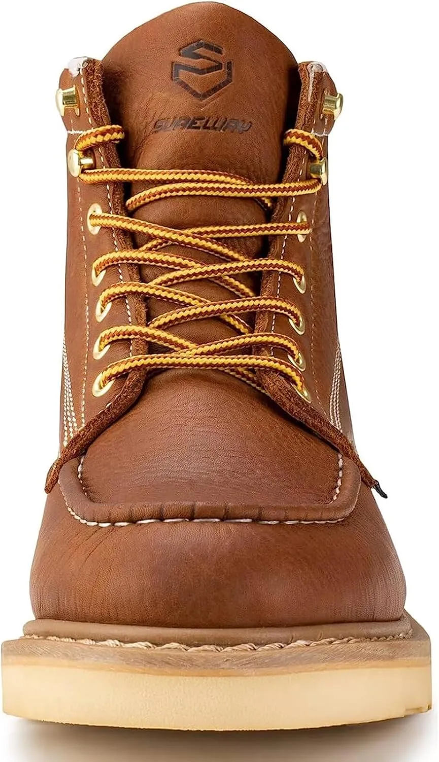 SUREWAY 6 in Mens Steel Toe Work Boots for Men-Full Grain Leather,Goodyear,Non-Slip EH Safety Industial Construction Wedge Moc Toe Work Boots/Shoes