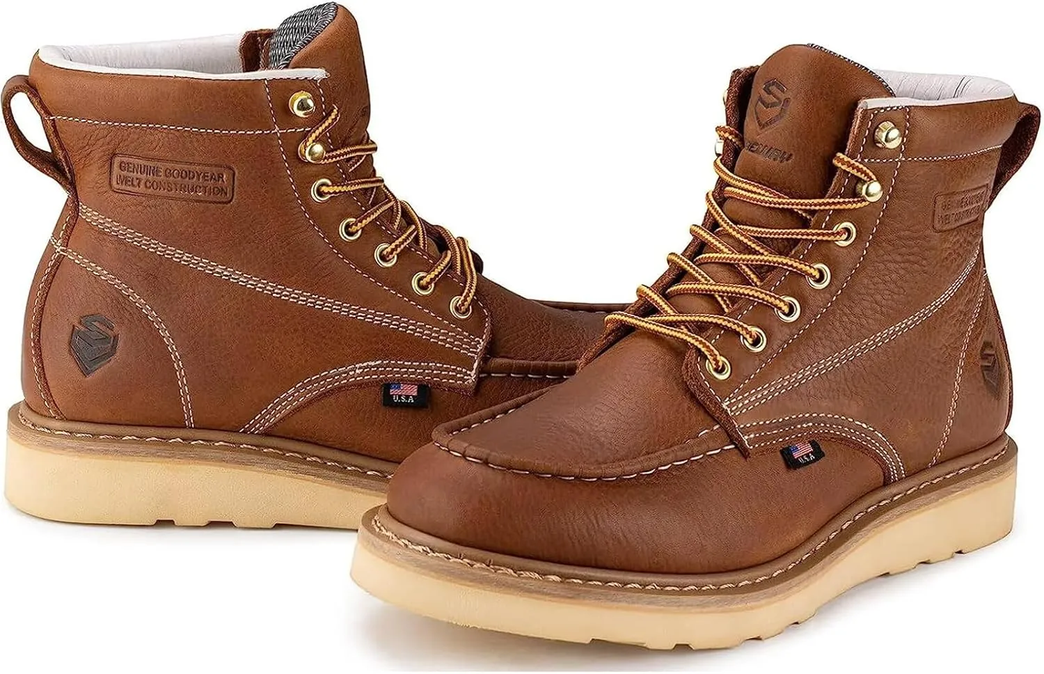 SUREWAY 6 in Mens Steel Toe Work Boots for Men-Full Grain Leather,Goodyear,Non-Slip EH Safety Industial Construction Wedge Moc Toe Work Boots/Shoes