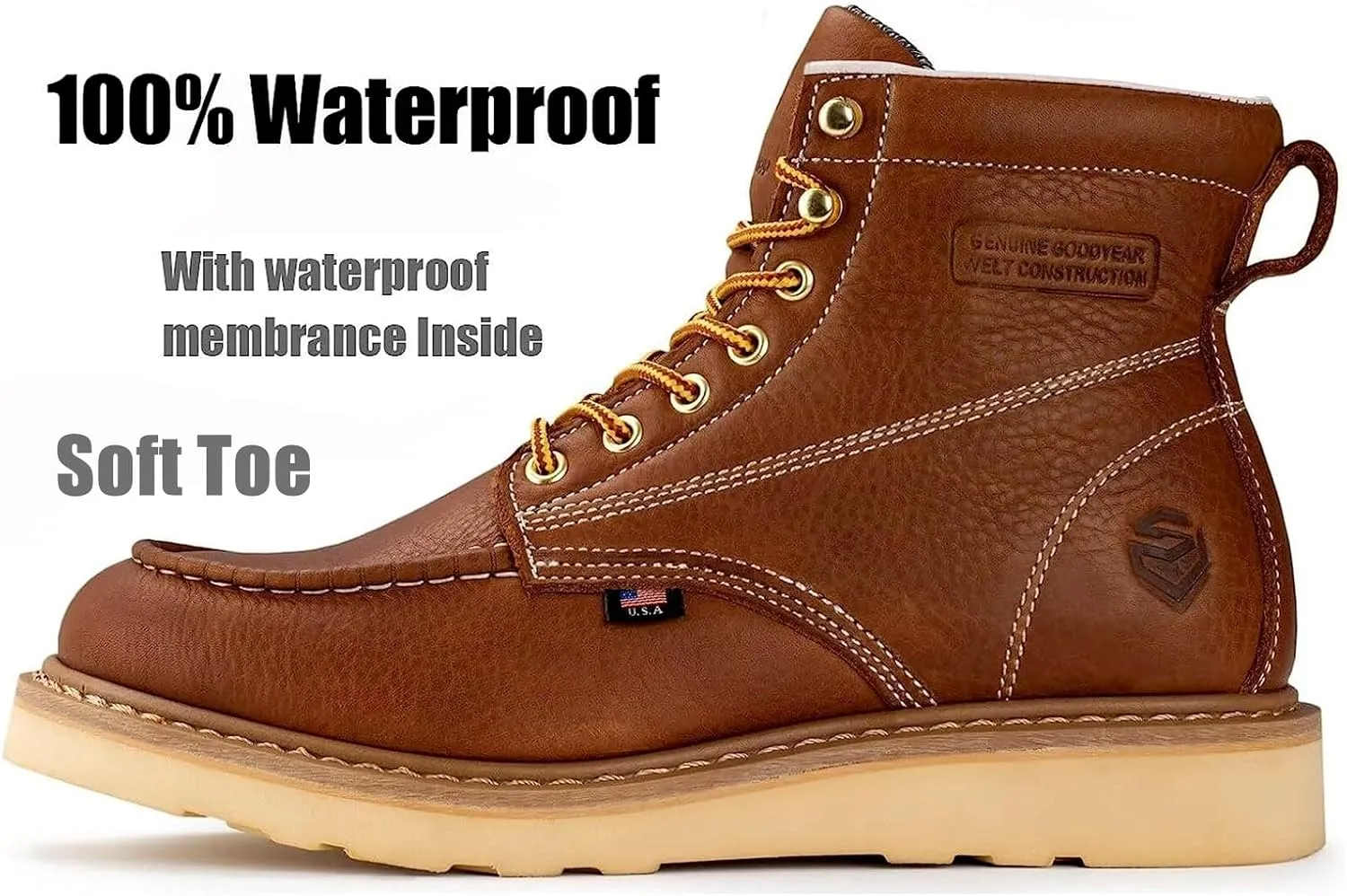 SUREWAY 6 in Mens Waterproof Soft Toe Work Boots for Men-Full Grain Leather,Goodyear,Non-Slip EH Safety Industial Construction Wedge Moc Toe Work Boots/Shoes
