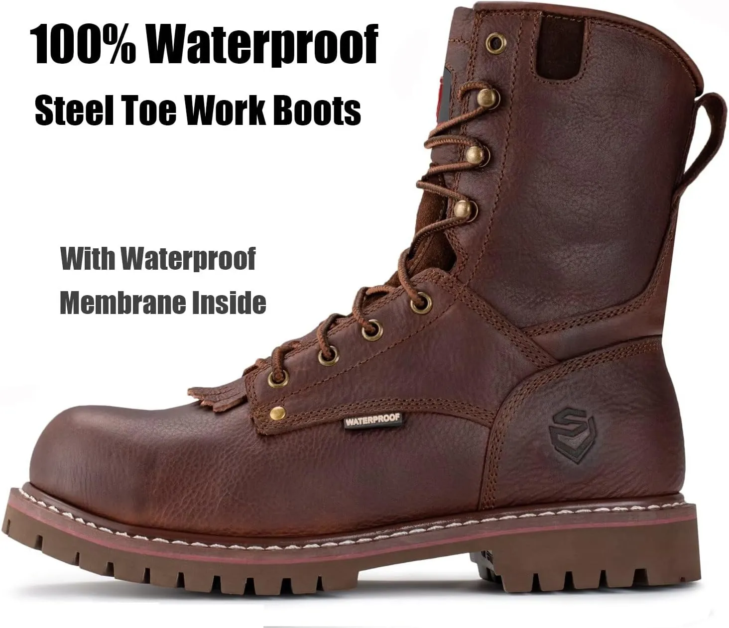 SUREWAY Men's 8" Waterproof Steel-Toe Logger Work Boot,Superior Oil/Slip Resistant,Thicker Full Grain Leather,Wedge Rubber Sole,EH Rated