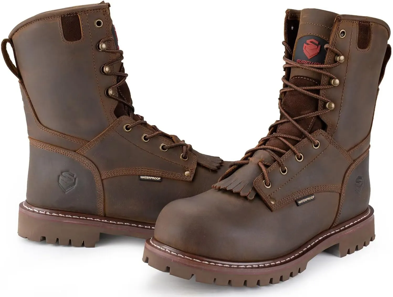 SUREWAY Men's 8" Waterproof Steel-Toe Logger Work Boot,Superior Oil/Slip Resistant,Thicker Full Grain Leather,Wedge Rubber Sole,EH Rated