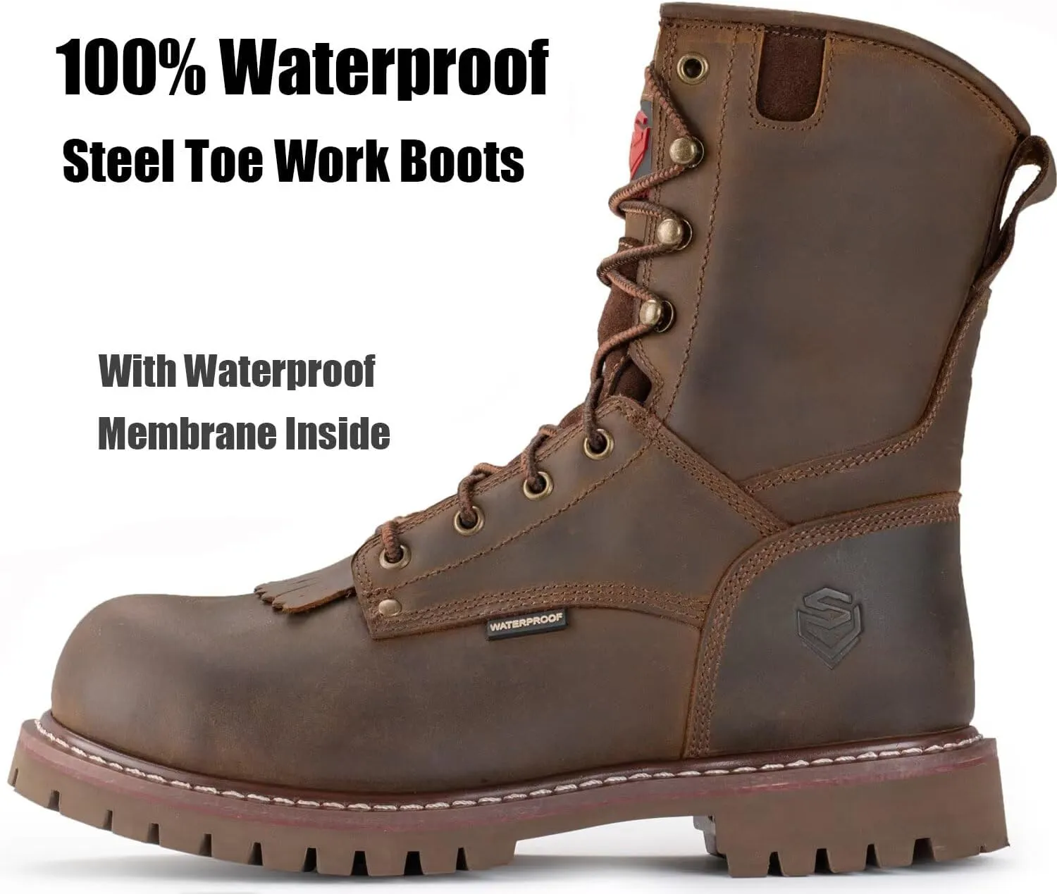 SUREWAY Men's 8" Waterproof Steel-Toe Logger Work Boot,Superior Oil/Slip Resistant,Thicker Full Grain Leather,Wedge Rubber Sole,EH Rated