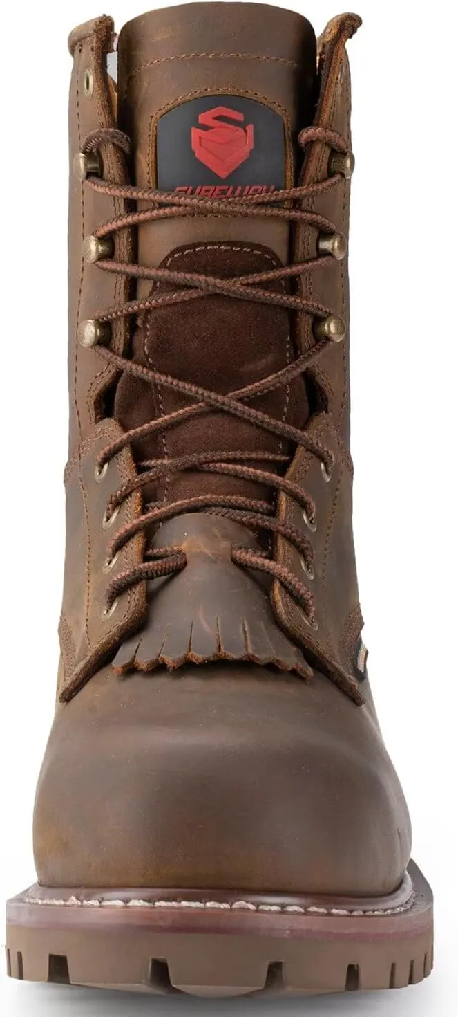 SUREWAY Men's 8" Waterproof Steel-Toe Logger Work Boot,Superior Oil/Slip Resistant,Thicker Full Grain Leather,Wedge Rubber Sole,EH Rated