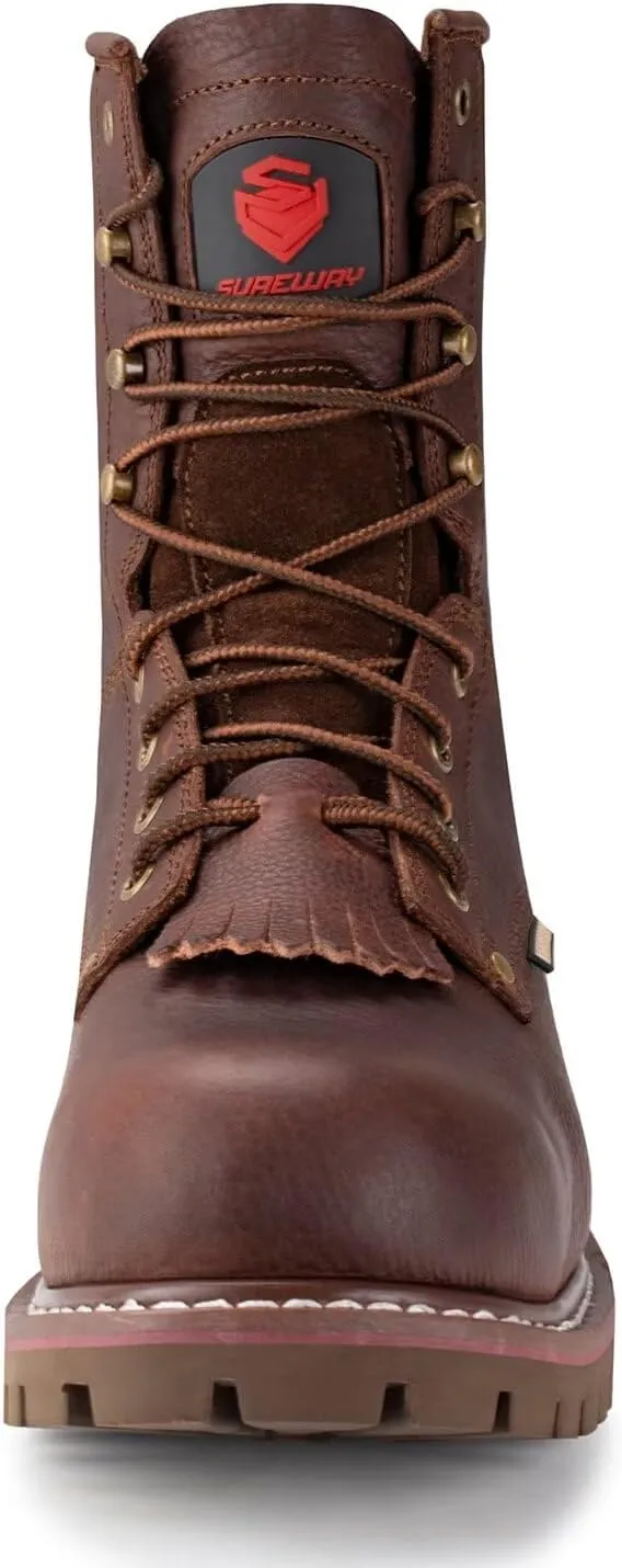 SUREWAY Men's 8" Waterproof Steel-Toe Logger Work Boot,Superior Oil/Slip Resistant,Thicker Full Grain Leather,Wedge Rubber Sole,EH Rated