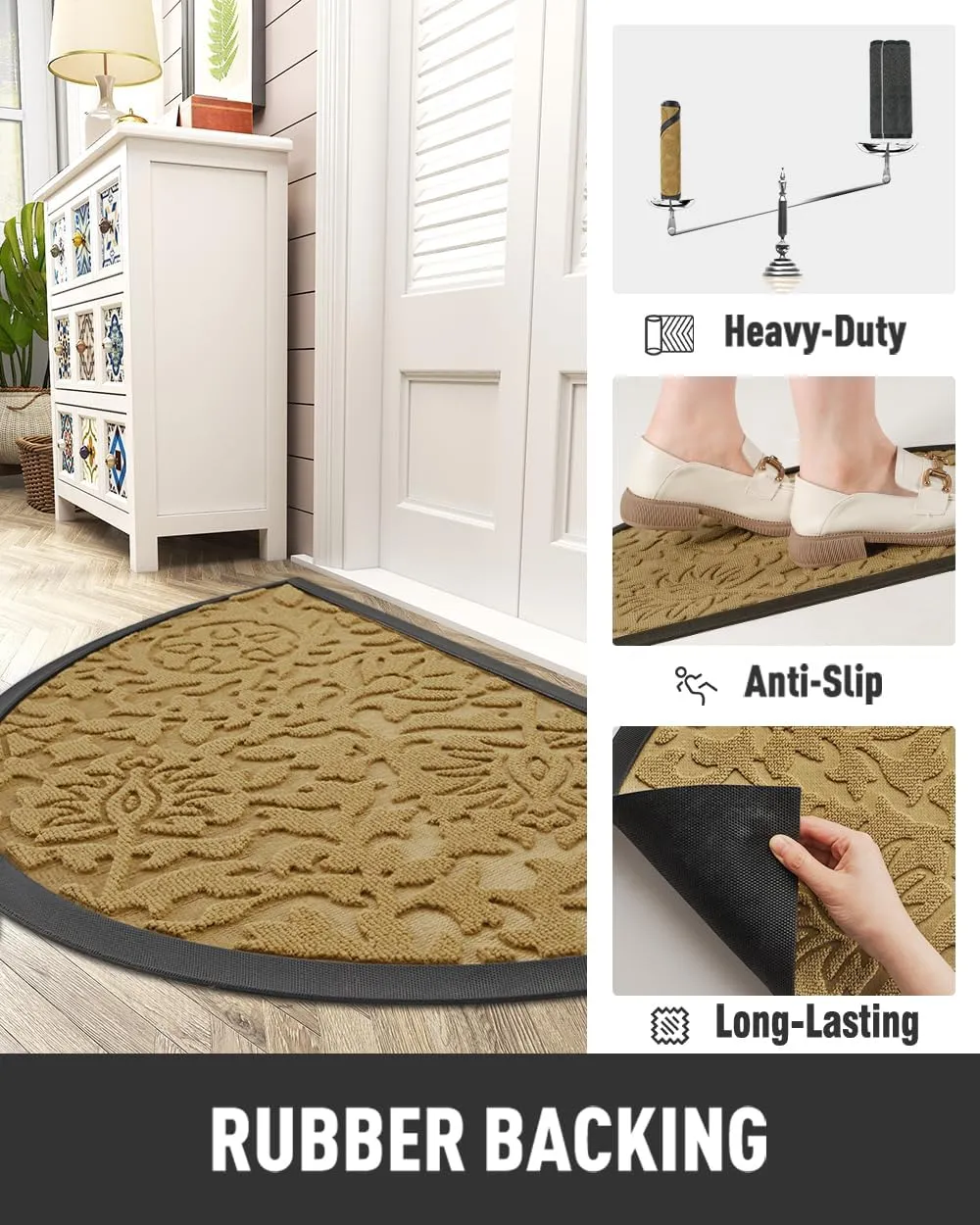 tchdio Door Mat Outdoor Indoor Entrance Doormat-Semicircular Durable Rubber Non Slip Front Door Mat for Outside Entry Entryway Welcome Mat for Muddy Paws and Shoes-Floral Yellow 17”x30”