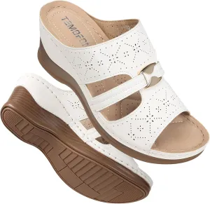 TEMOFON Sandals for Women Summer Wedge: Soft Hollow Out Dressy Slides Sandals, Rubber Sole, Comfortable Walking, Casual Slip on Platform Shoes