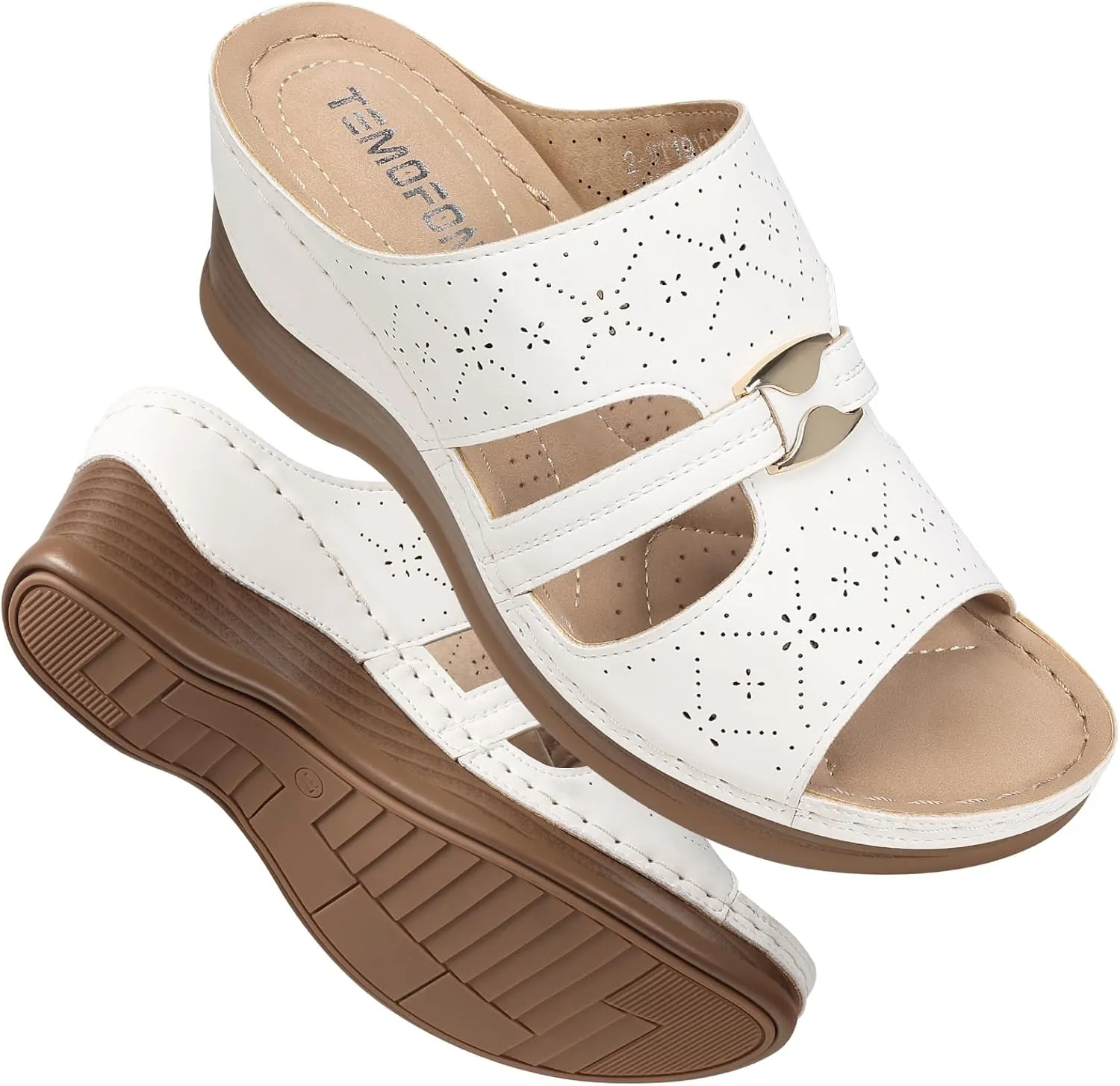 TEMOFON Sandals for Women Summer Wedge: Soft Hollow Out Dressy Slides Sandals, Rubber Sole, Comfortable Walking, Casual Slip on Platform Shoes