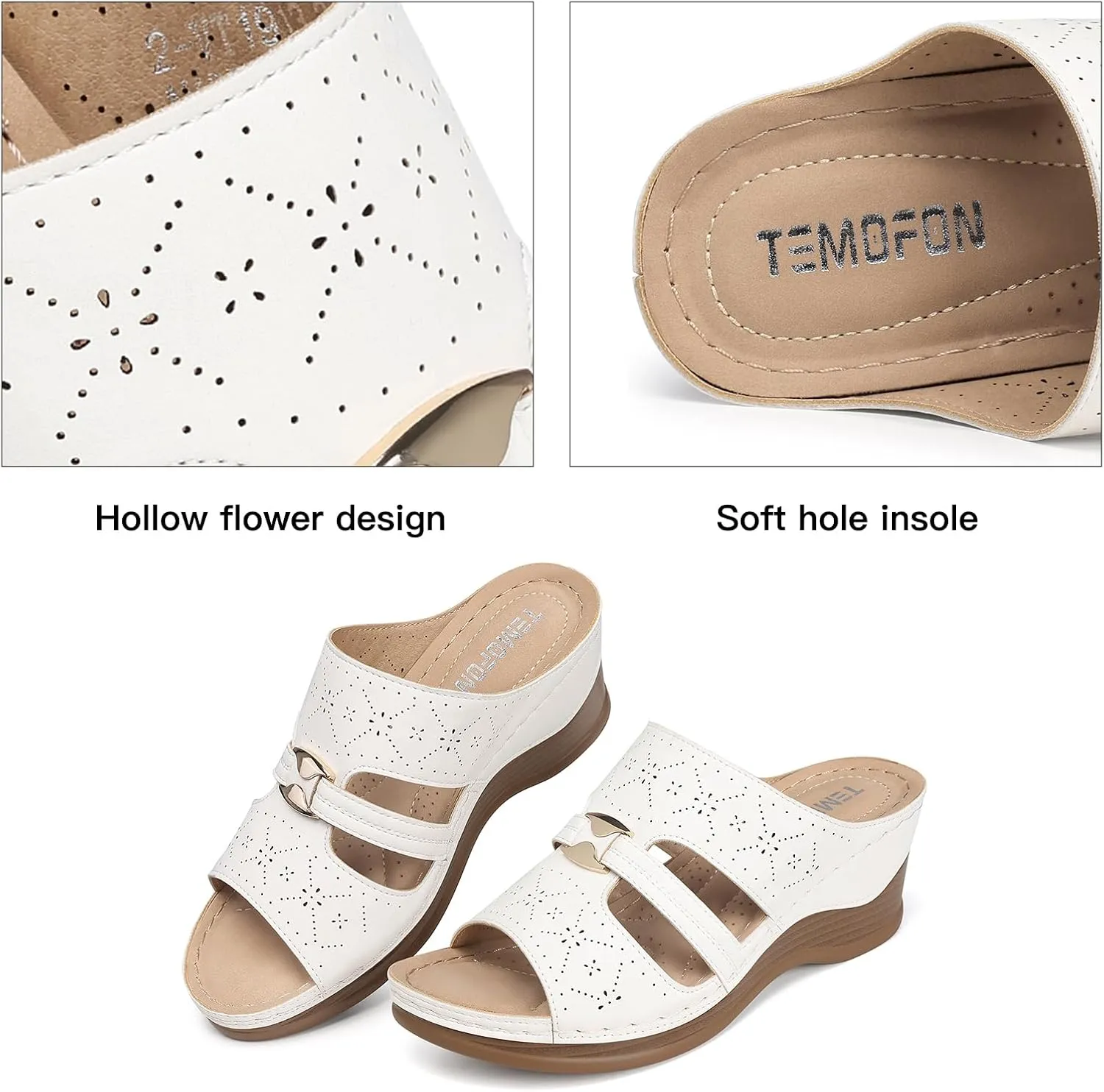 TEMOFON Sandals for Women Summer Wedge: Soft Hollow Out Dressy Slides Sandals, Rubber Sole, Comfortable Walking, Casual Slip on Platform Shoes