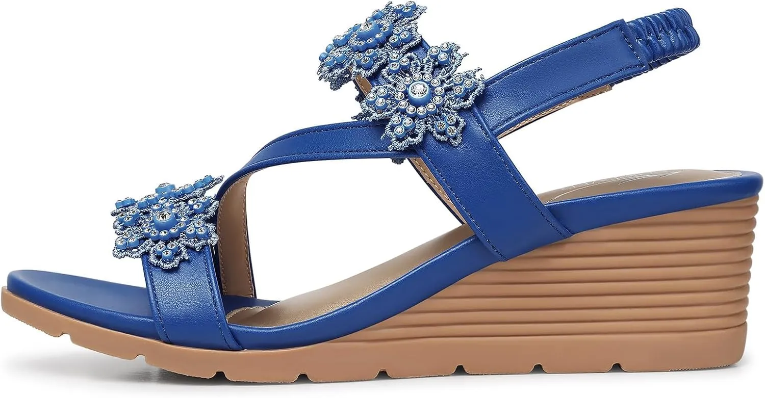TEMOFON Wedge Sandals for Women Dressy: Summer Open Toe Elastic Ankle Strap - Comfortable Bohemian Low Wedge Sandals