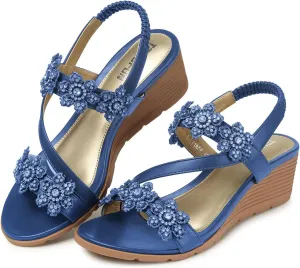 TEMOFON Wedge Sandals for Women Dressy: Summer Open Toe Elastic Ankle Strap - Comfortable Bohemian Low Wedge Sandals