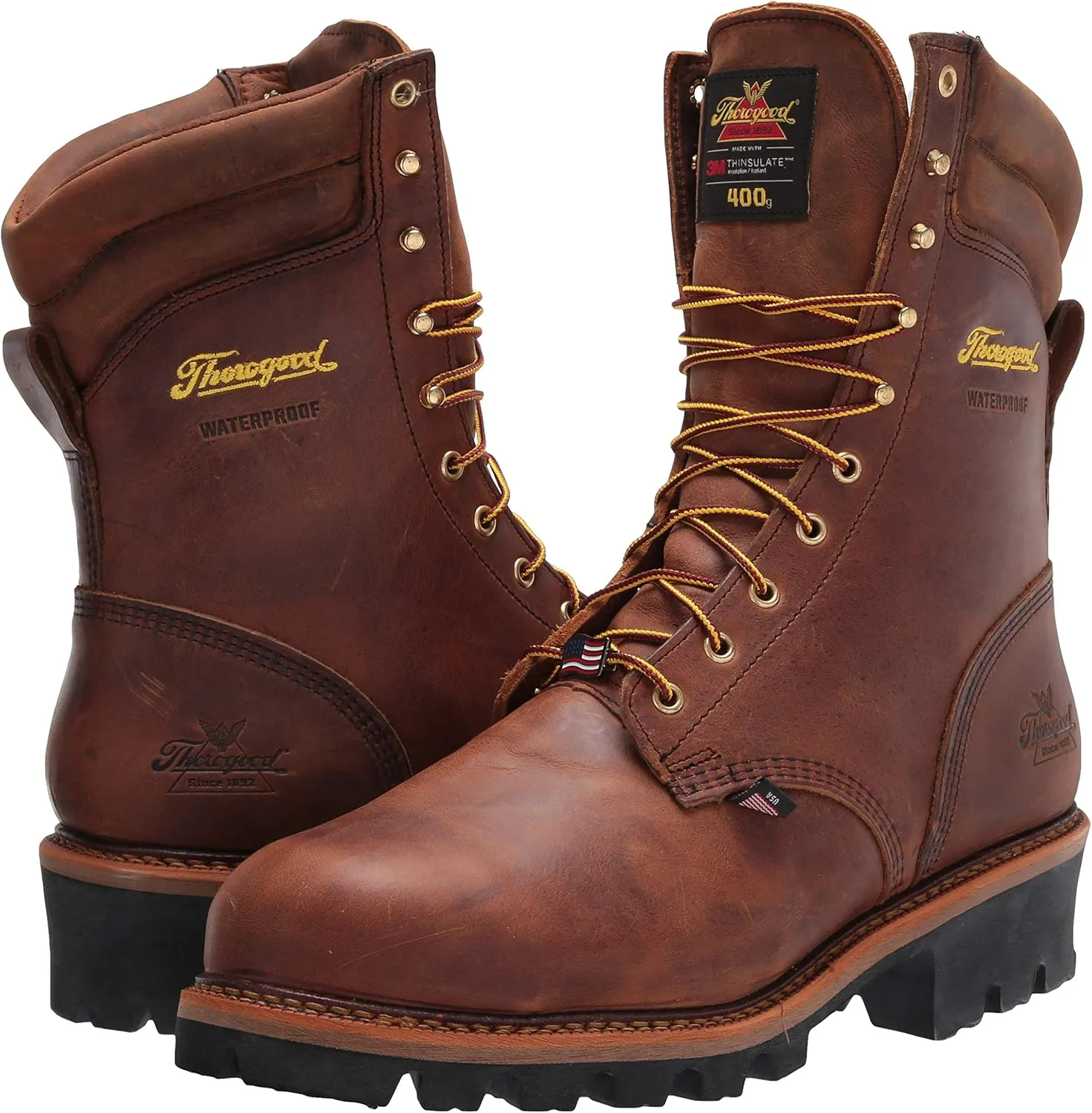 Thorogood Logger Series 9” Waterproof Insulated Steel Toe Work Boots for Men - Premium Leather with 400g Thinsulate and Vibram Slip-Resistant Heel Outsole
