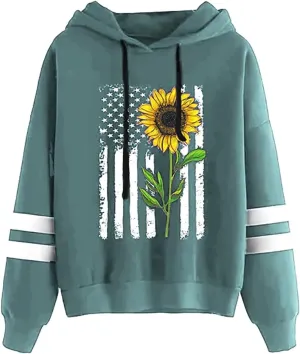 TICTICMIMI Women Sunflower Print Sweatshirts Color Block Long Sleeve Hoodies Lightweight Drawstring Pullover Tops