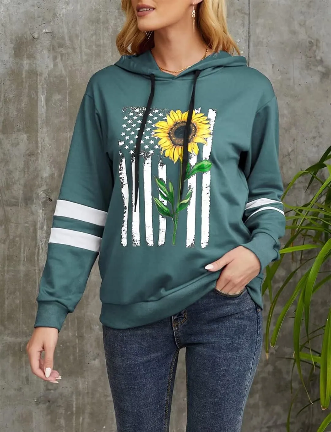 TICTICMIMI Women Sunflower Print Sweatshirts Color Block Long Sleeve Hoodies Lightweight Drawstring Pullover Tops