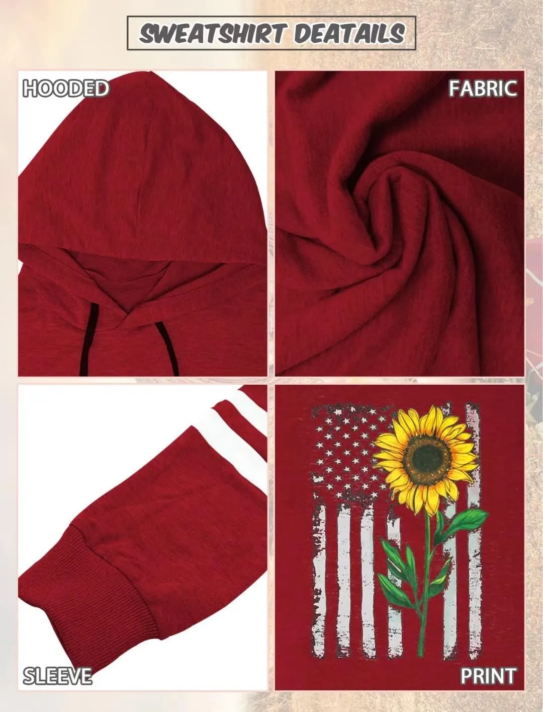 TICTICMIMI Women Sunflower Print Sweatshirts Color Block Long Sleeve Hoodies Lightweight Drawstring Pullover Tops