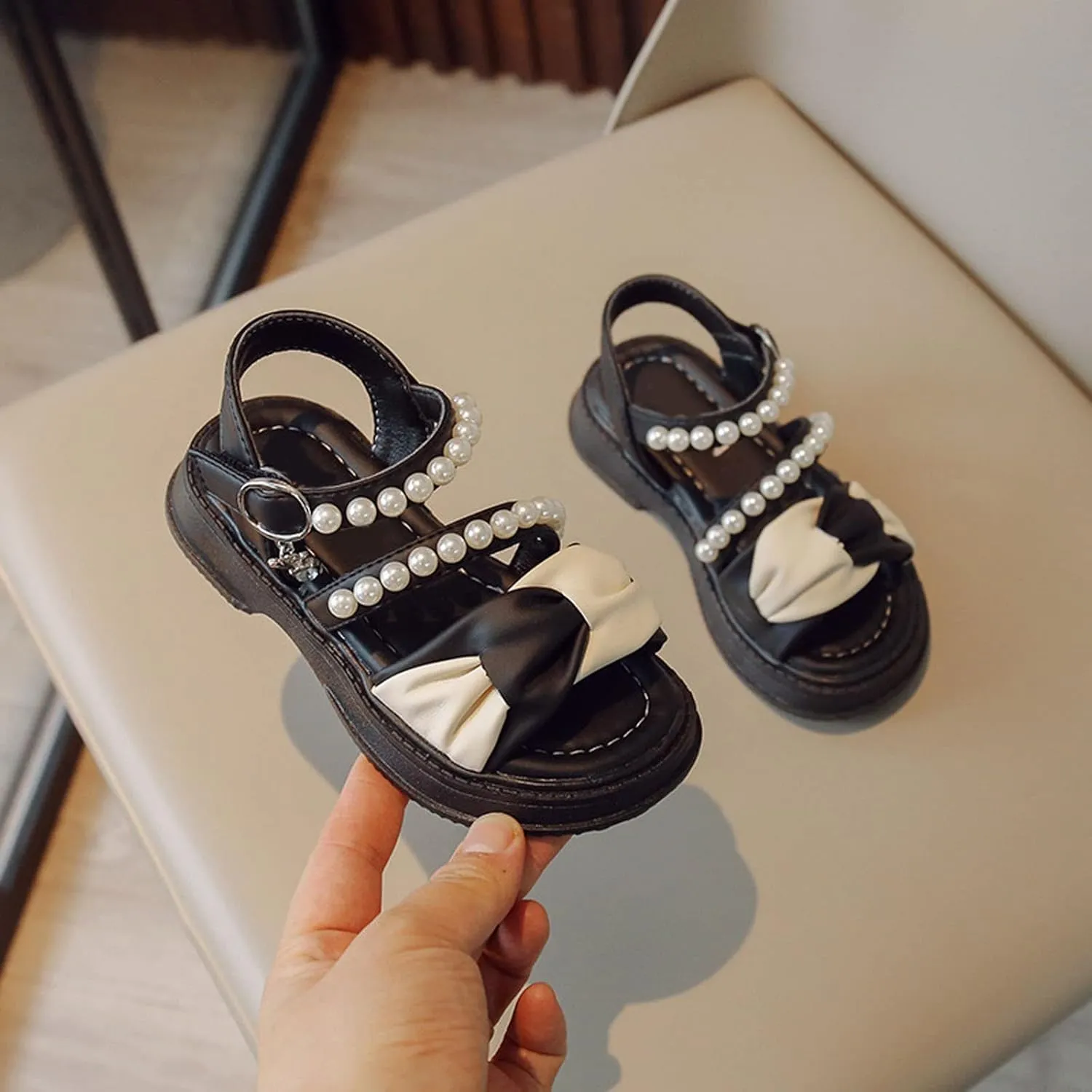 Toddler Girls Rubber Beaded Sandals Bow Open Toe 2 Strap Barefoot Summer Shoes Kids Baby Adjusted Lightweight Sandals