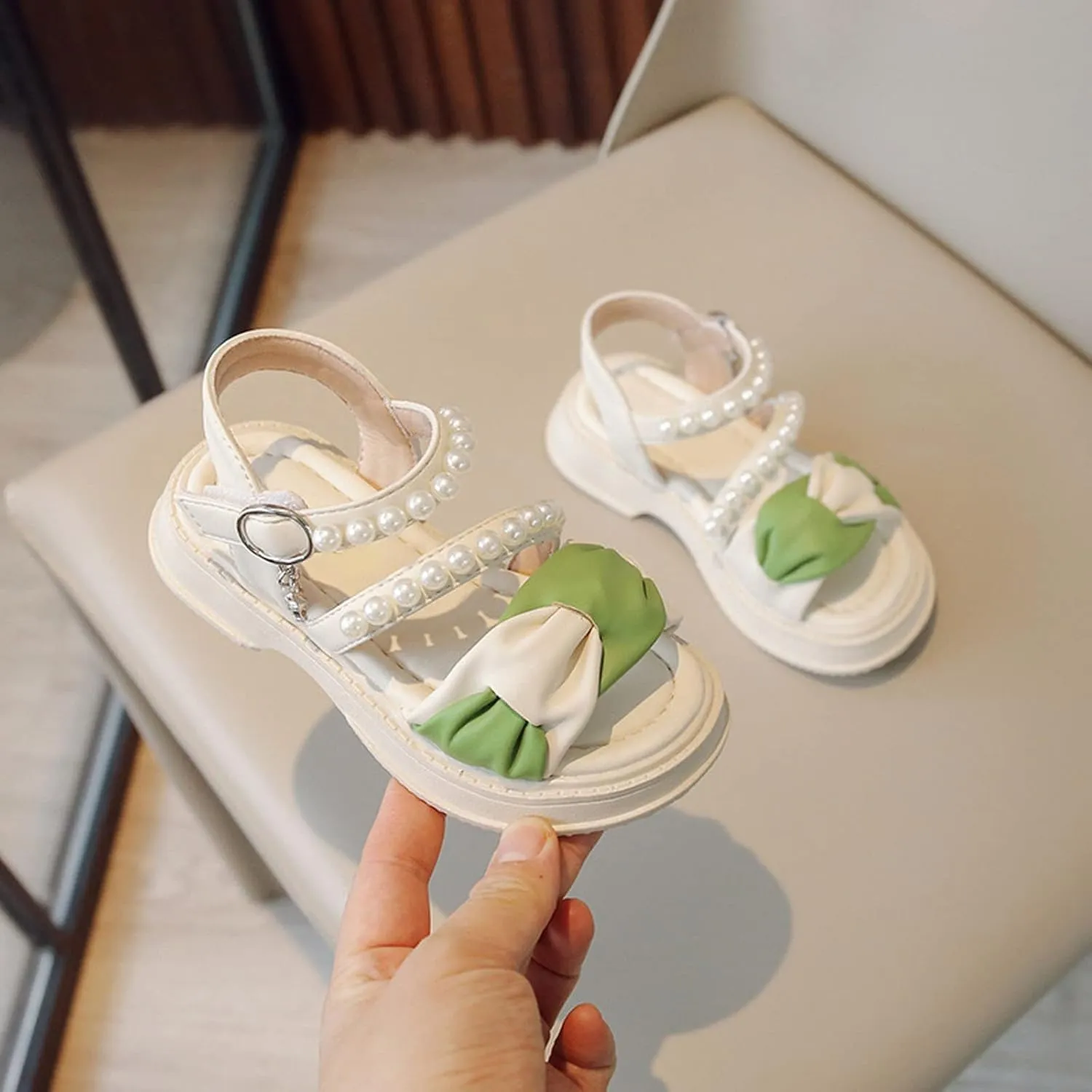 Toddler Girls Rubber Beaded Sandals Bow Open Toe 2 Strap Barefoot Summer Shoes Kids Baby Adjusted Lightweight Sandals