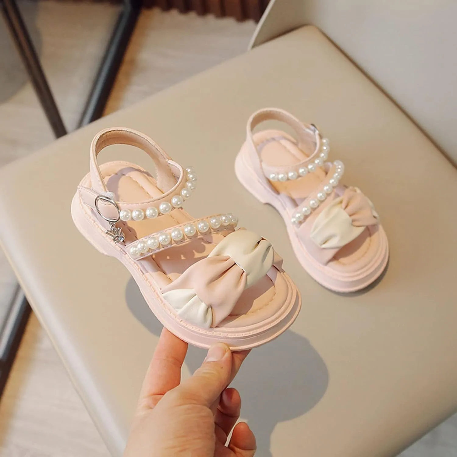 Toddler Girls Rubber Beaded Sandals Bow Open Toe 2 Strap Barefoot Summer Shoes Kids Baby Adjusted Lightweight Sandals