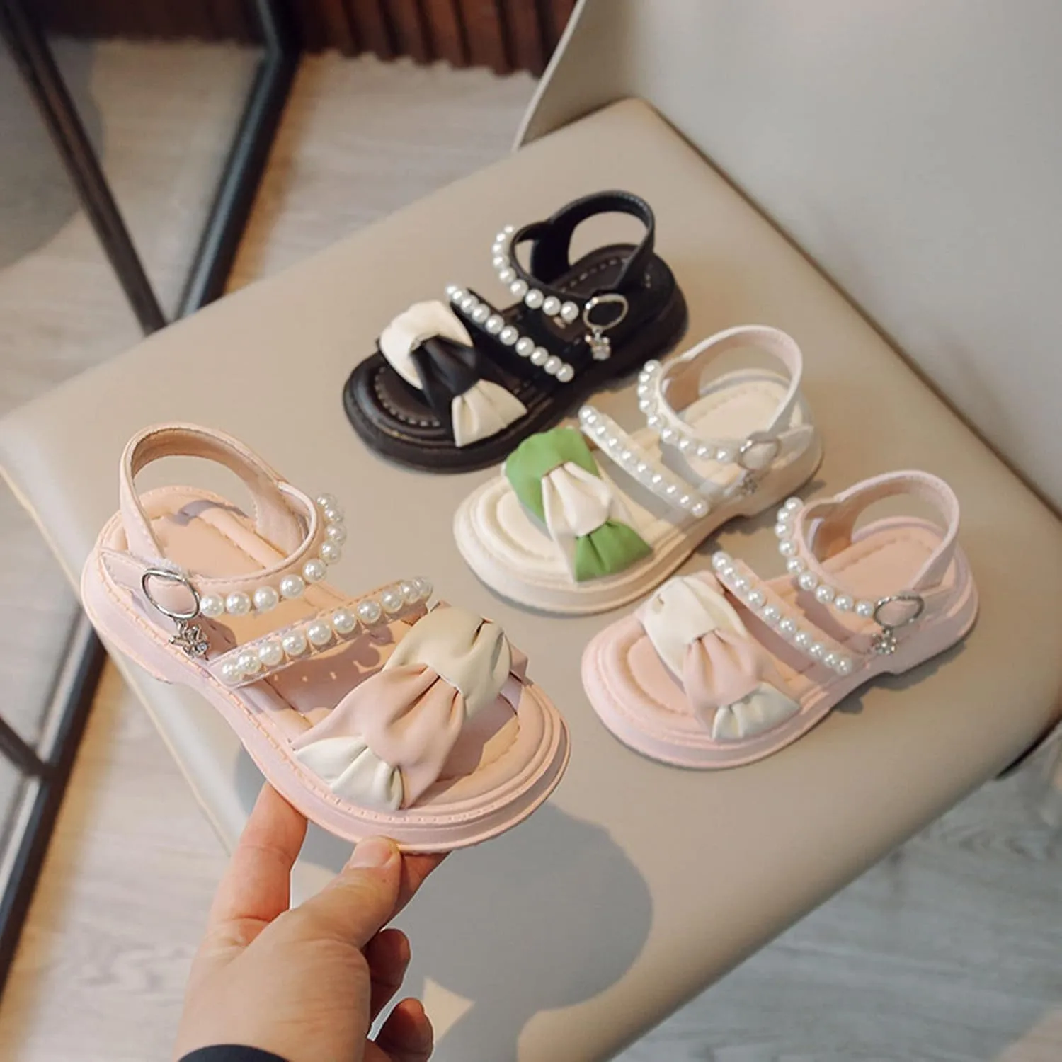 Toddler Girls Rubber Beaded Sandals Bow Open Toe 2 Strap Barefoot Summer Shoes Kids Baby Adjusted Lightweight Sandals