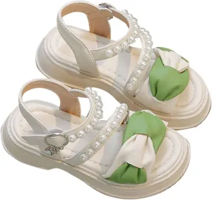 Toddler Girls Rubber Beaded Sandals Bow Open Toe 2 Strap Barefoot Summer Shoes Kids Baby Adjusted Lightweight Sandals