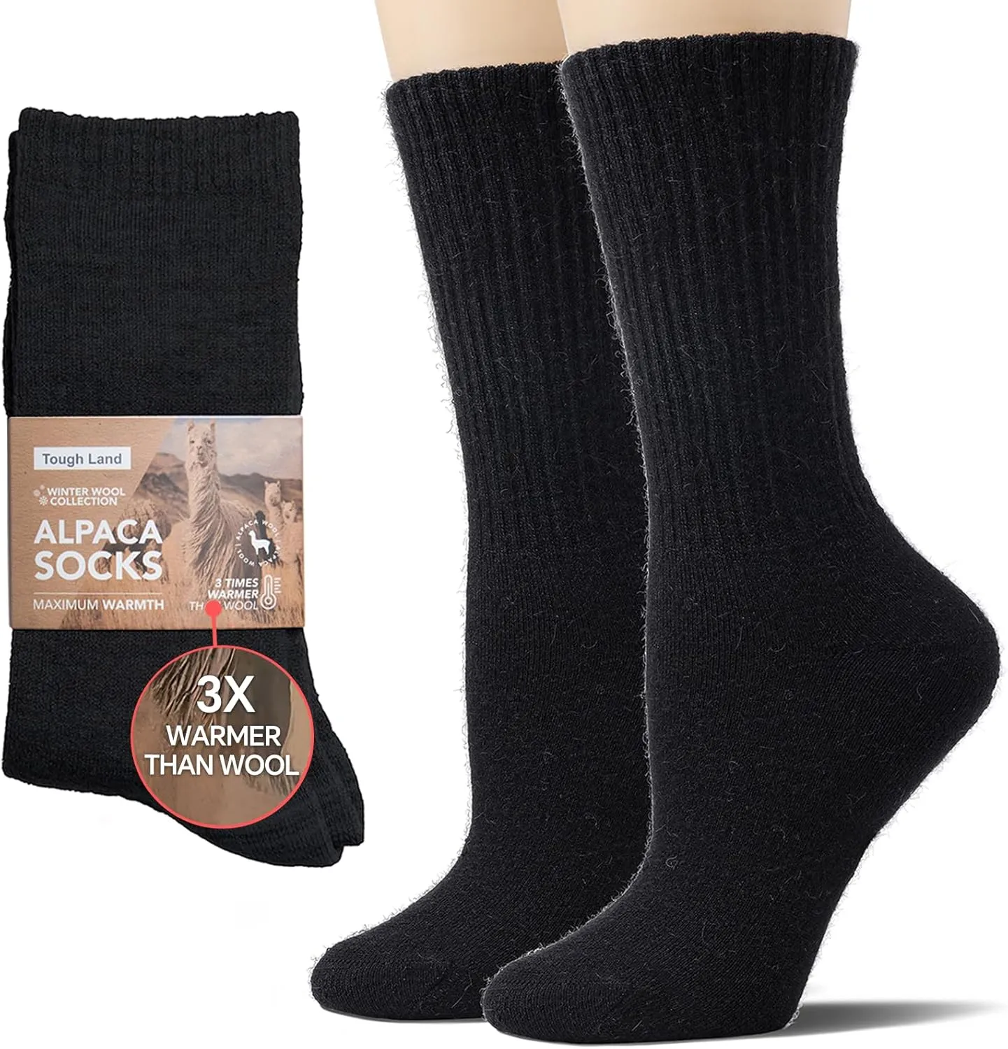 Toughland Alpaca Wool Socks for Men and Women - Non-Itchy, Full Cushion Warm Crew Socks - for Cold Weather, Hiking
