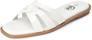 Trary Women's Flat Sandals Open Square Toe Slip on Slippers Casual Dressy Comfortable Soft Leather Summer Fashion Slide Sandals for Women Vacation Beach Party