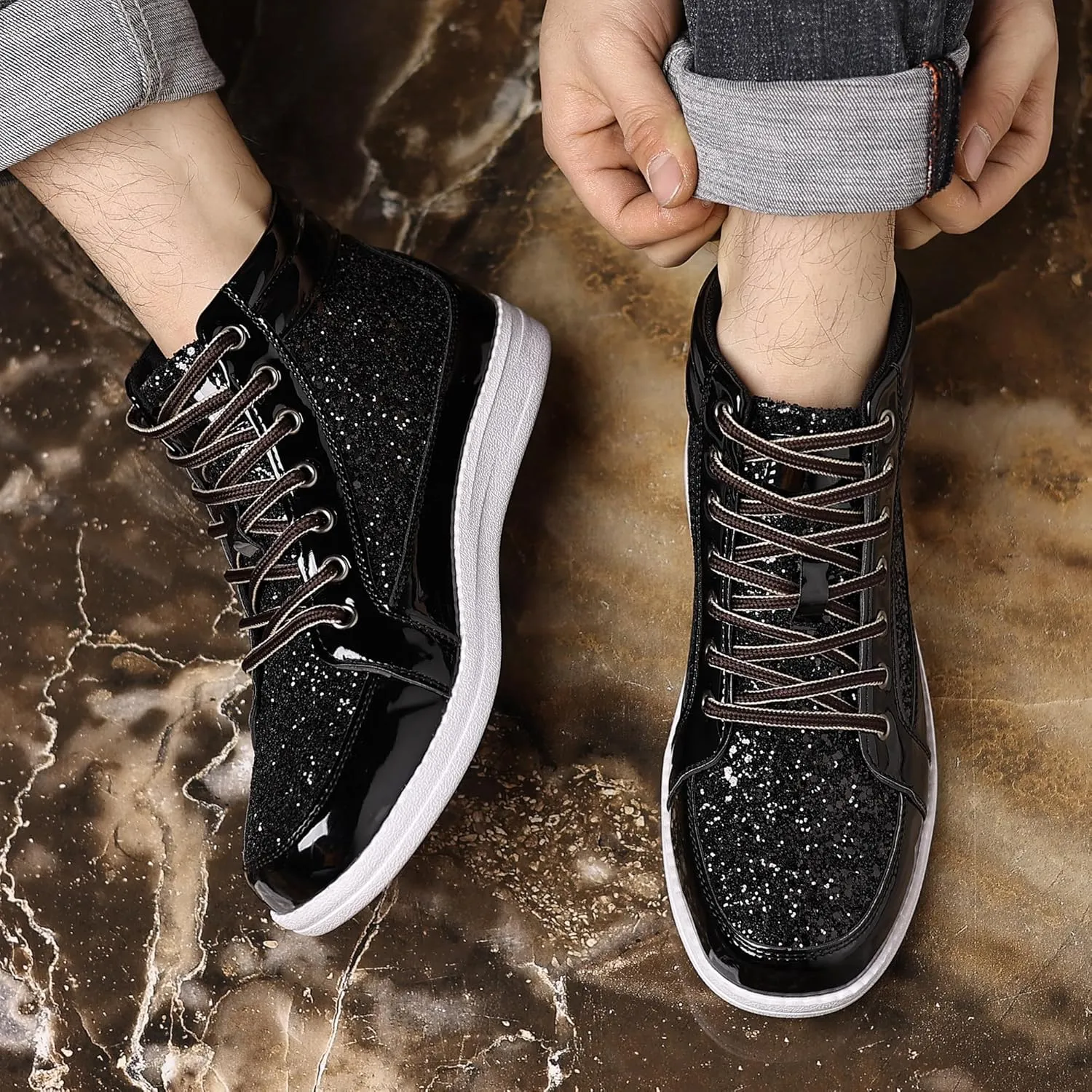 Trsorini Mens Glitter Sparkly Shoes Bling Sequin Lace Boots Fashion Sneakers High Top Casual Shiny Shoes