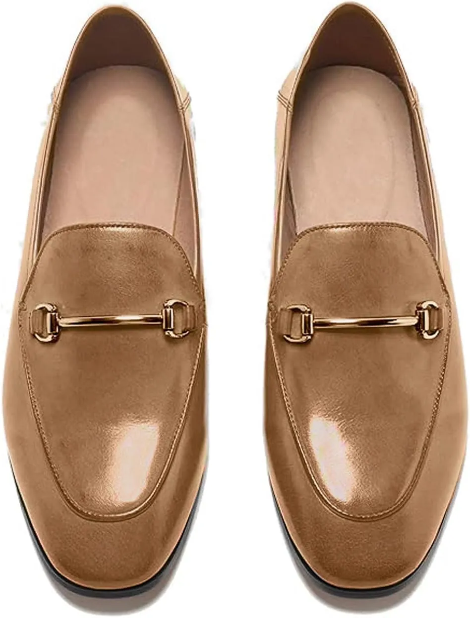 U-lite Women's Cow Leather Slip On Loafers Metal Decoration Flat Mules