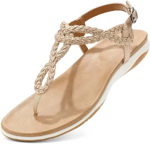 UBFEN Womens Flat Sandals Dress Braided T-Strap Thong Sandals with Arch Support Comfortable for Walking