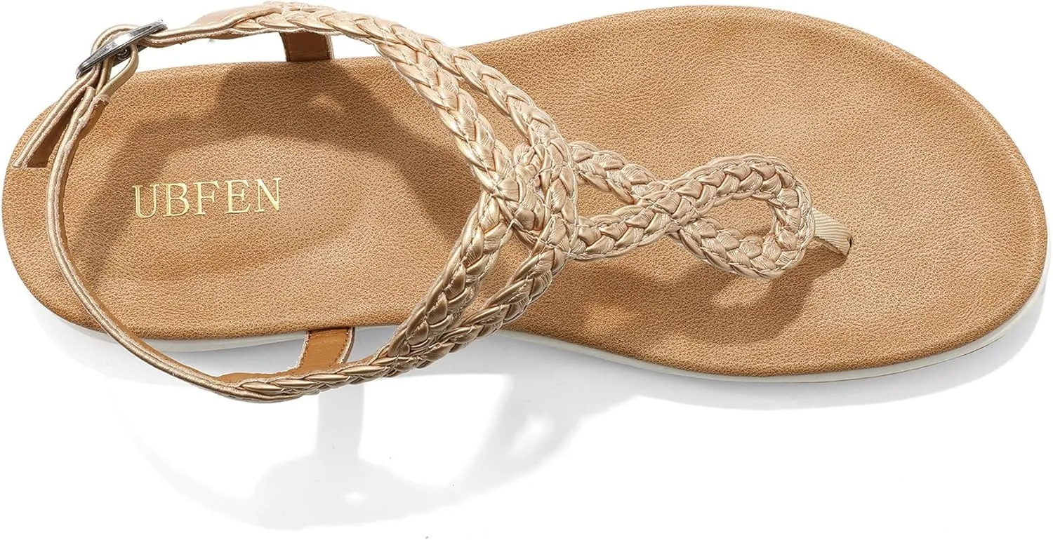 UBFEN Womens Flat Sandals Dress Braided T-Strap Thong Sandals with Arch Support Comfortable for Walking