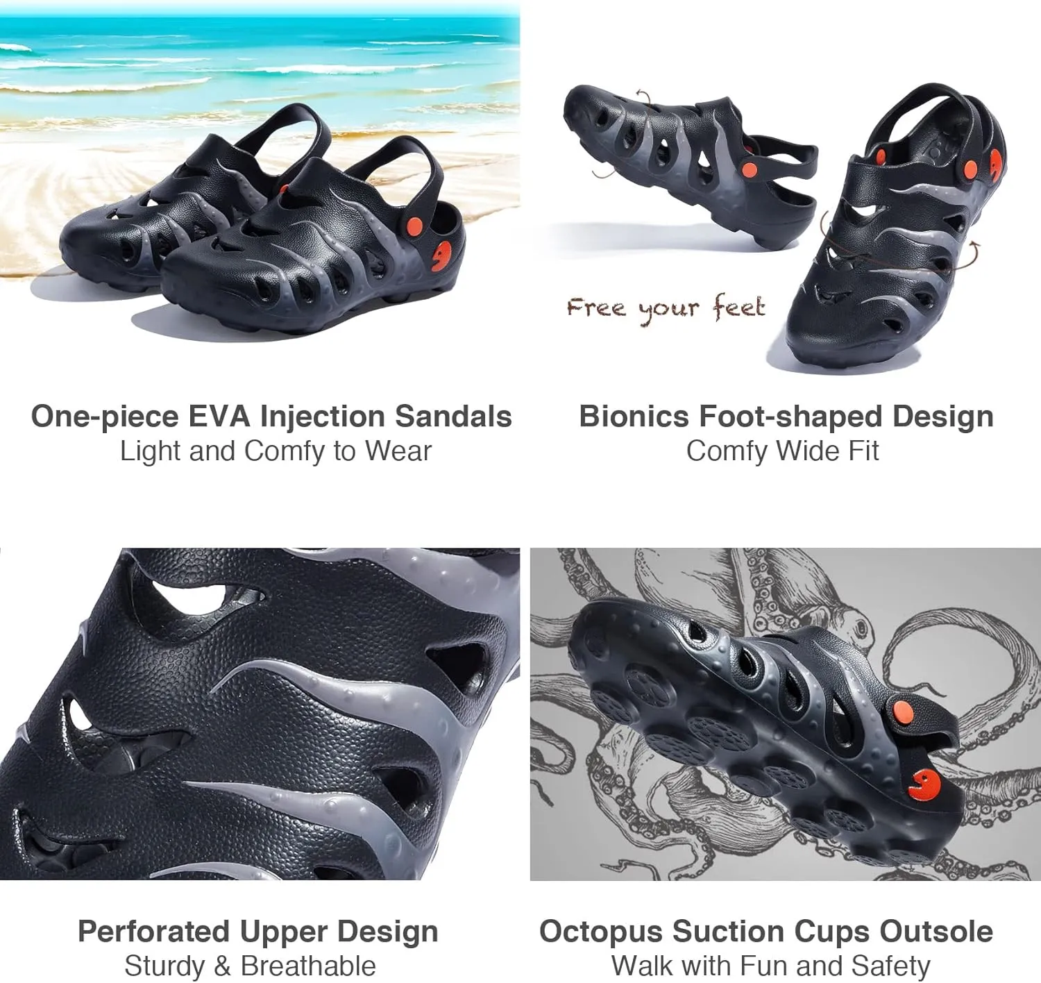 UIN Men's Clog Garden Shoes Slip On Beach Outdoor Slippers Sandals Octopus