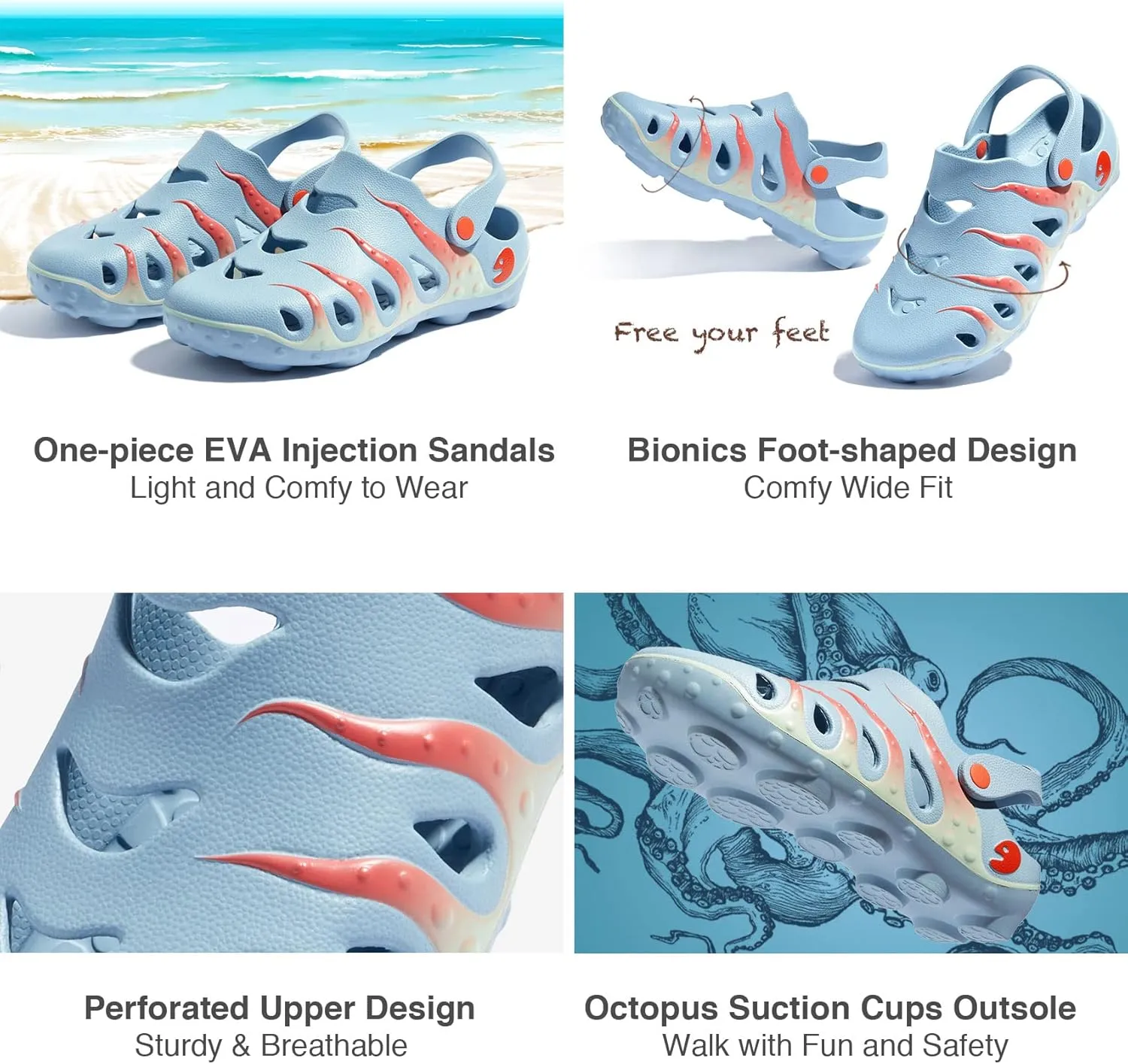 UIN Men's Clog Garden Shoes Slip On Beach Outdoor Slippers Sandals Octopus