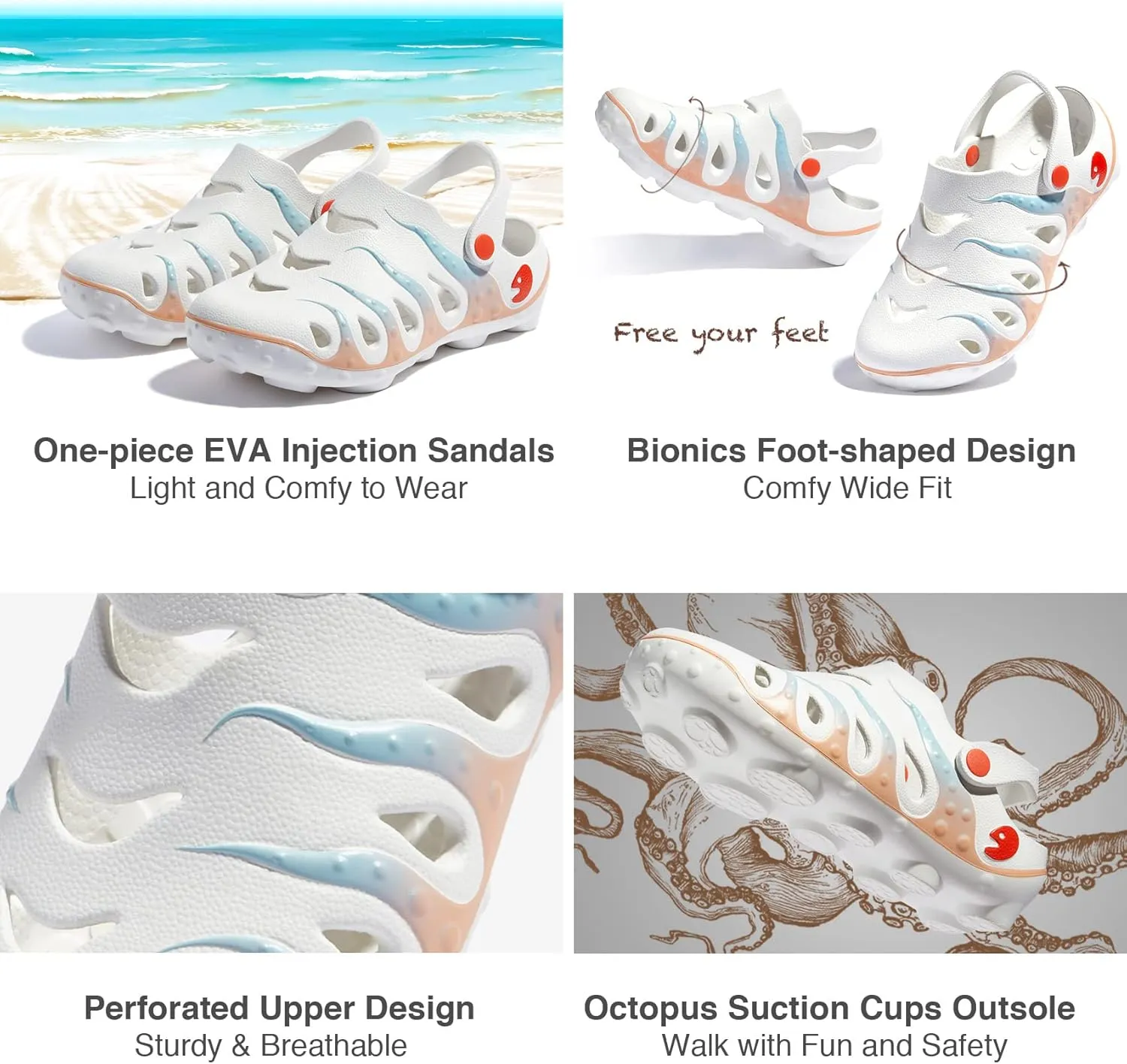 UIN Women's Clog Garden Shoes Slip On Beach Outdoor Slippers Sandals Octopus Ⅰ