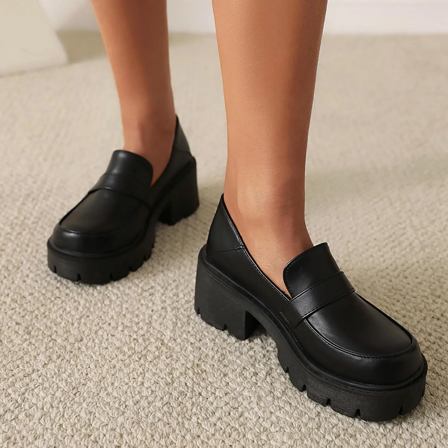 Uniquelly Platform Loafers for Women Chunky Loafers Round Toe Penny Loafers Lug Sole Mid Heel Slip On Comfort Fashion Business Work Shoes