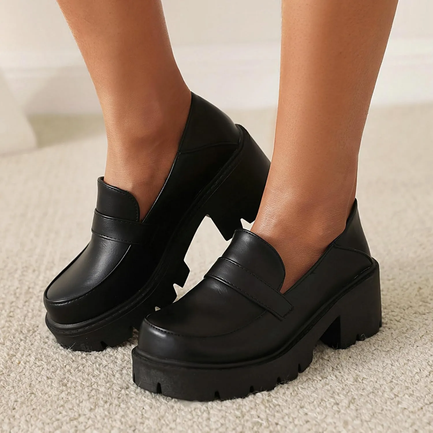 Uniquelly Platform Loafers for Women Chunky Loafers Round Toe Penny Loafers Lug Sole Mid Heel Slip On Comfort Fashion Business Work Shoes