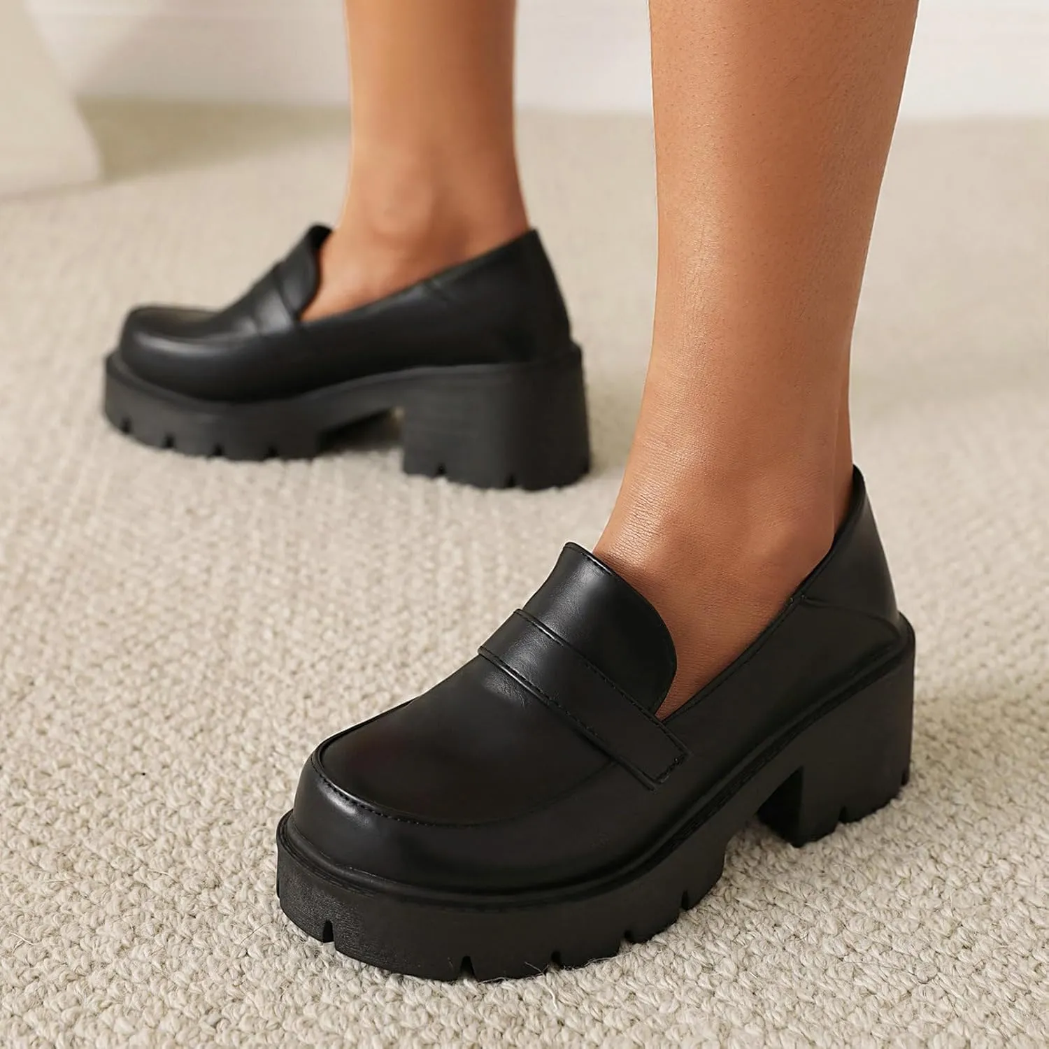 Uniquelly Platform Loafers for Women Chunky Loafers Round Toe Penny Loafers Lug Sole Mid Heel Slip On Comfort Fashion Business Work Shoes