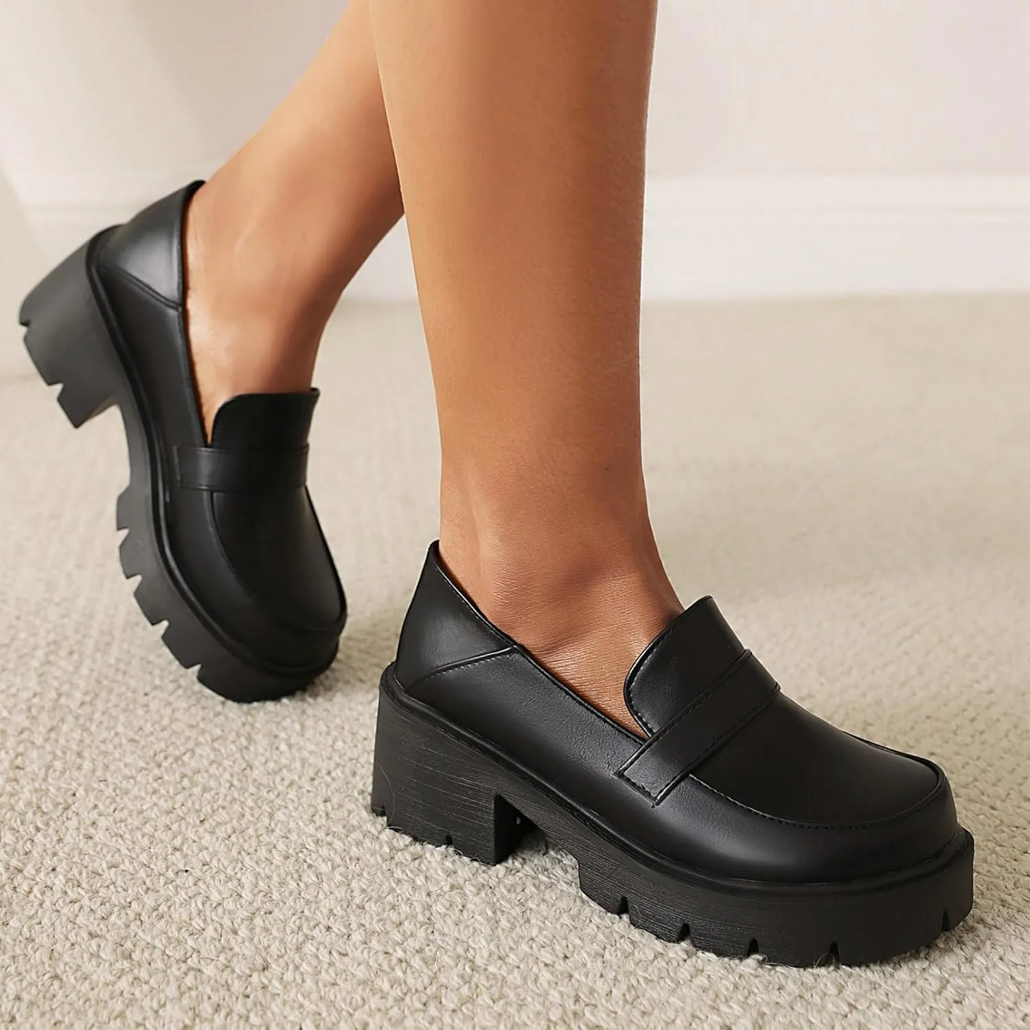 Uniquelly Platform Loafers for Women Chunky Loafers Round Toe Penny Loafers Lug Sole Mid Heel Slip On Comfort Fashion Business Work Shoes