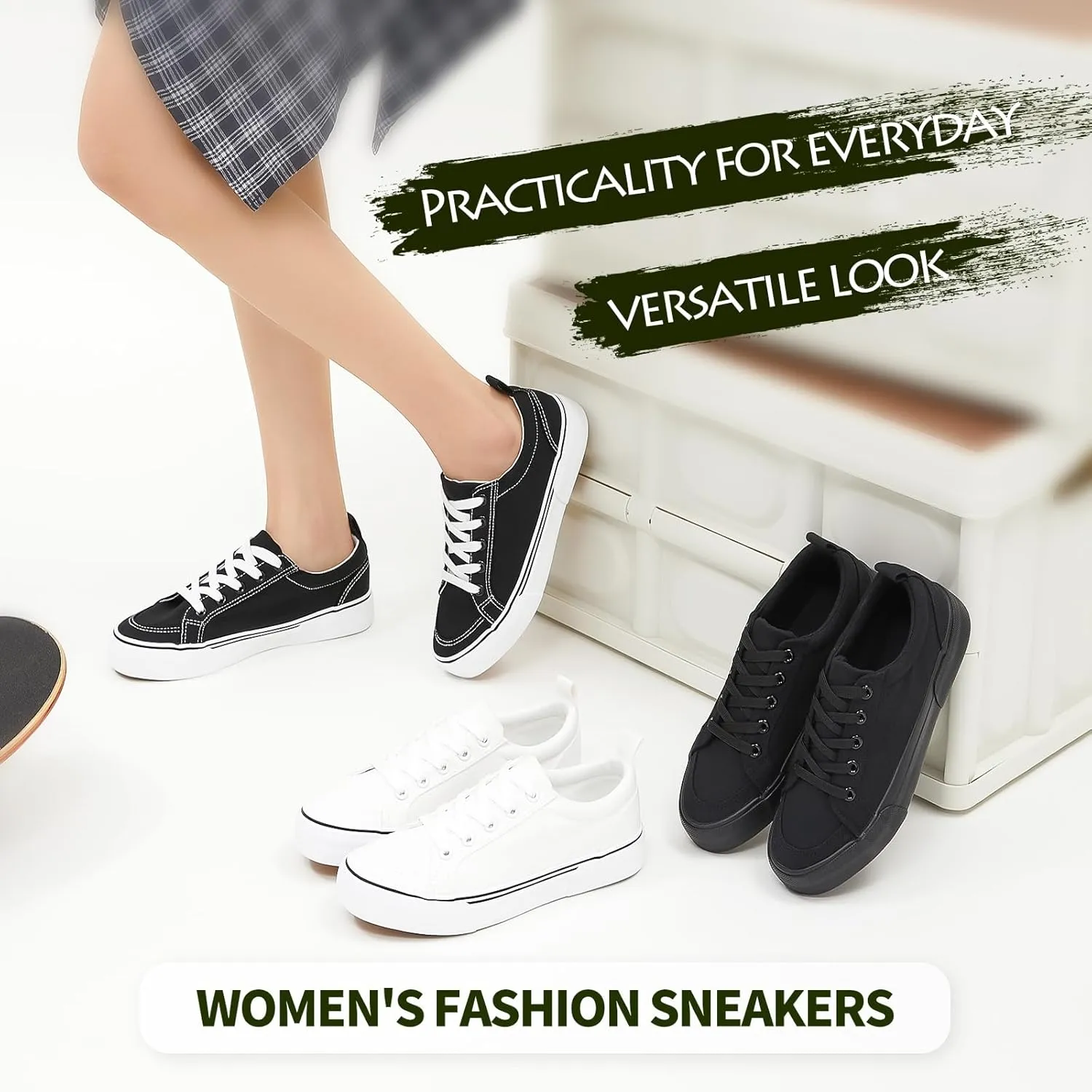 Uoidru Black Sneakers for Women Canvas White Tennis Shoes Women Casual Low Top Skateboard Fashion Sneakers